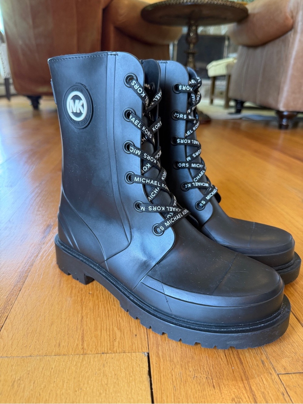 Michael Kors Black Lace-Up Rubber Combat Boots